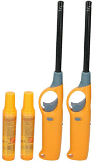 Flame Classics BBQ/keuken aansteker lange steel - 2x - met extra navul cilinder - geel - 25 cm - kunststof