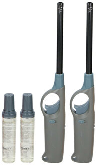 Flame Classics BBQ/keuken aansteker lange steel - 2x - met extra navul cilinder - grijs - 25 cm - kunststof