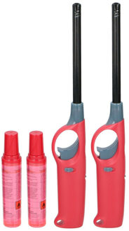 Flame Classics BBQ/keuken aansteker lange steel - 2x - met extra navul cilinder - rood - 25 cm - kunststof