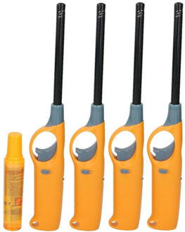 Flame Classics BBQ/keuken aansteker lange steel - 4x - met extra navul cilinder - geel - 25 cm - kunststof