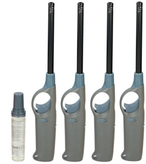 Flame Classics BBQ/keuken aansteker lange steel - 4x - met extra navul cilinder - grijs - 25 cm - kunststof