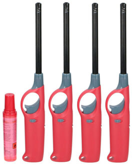 Flame Classics BBQ/keuken aansteker lange steel - 4x - met extra navul cilinder - rood - 25 cm - kunststof