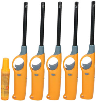 Flame Classics BBQ/keuken aansteker lange steel - 5x - met extra navul cilinder - geel - 25 cm - kunststof