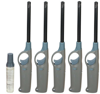 Flame Classics BBQ/keuken aansteker lange steel - 5x - met extra navul cilinder - grijs - 25 cm - kunststof