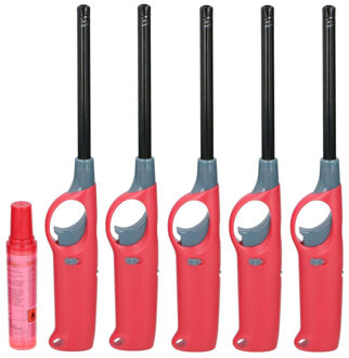 Flame Classics BBQ/keuken aansteker lange steel - 5x - met extra navul cilinder - rood - 25 cm - kunststof