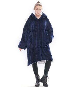 Flanel Hoodies Oversized Dekens Warm Robe Badjas Horloge Tv Sweatshirts Vrouwen Winter Warme Badjas Deken Huishouden marine blauw