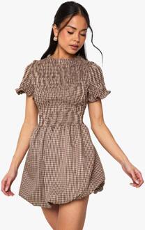 Flannel Shirred Puff Sleeve Mini Jurk, Brown - 42