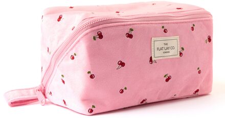 Flat Lay Makeup Box Bag - Ditsy Cherries Pink Embroidered Velvet
