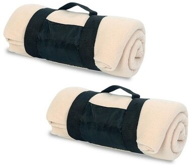Fleece Deken - 2x - plaid met afneembaar handvat - beige - 160 x 130 cm - warme bank dekentje