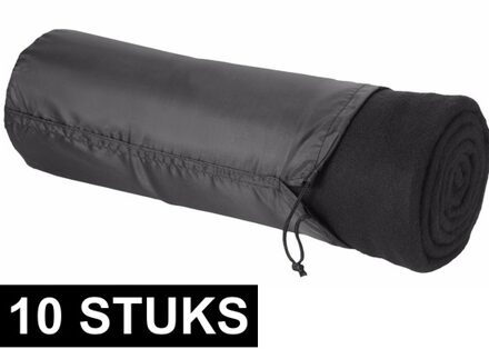 Fleece deken of plaid - 10x - bank/bed - zwart - 150 x 120 cm - reisdeken met tasje