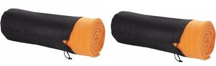 Fleece deken of plaid - 2x - bank/bed - oranje - 150 x 120 cm - reisdeken met tasje