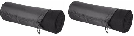 Fleece deken of plaid - 2x - bank/bed - zwart - 150 x 120 cm - reisdeken met tasje