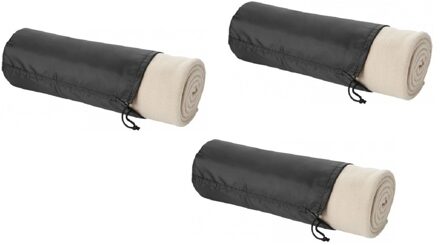 Fleece deken of plaid - 3x - bank/bed - beige - 150 x 120 cm - reisdeken met tasje