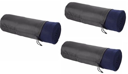 Fleece deken of plaid - 3x - bank/bed - donkerblauw - 150 x 120 cm - reisdeken met tasje