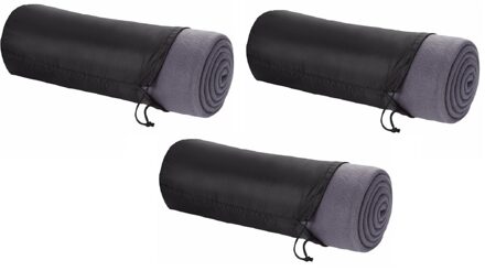 Fleece deken of plaid - 3x - bank/bed - grijs - 150 x 120 cm - reisdeken met tasje