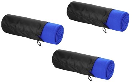 Fleece deken of plaid - 3x - bank/bed - kobalt blauw - 150 x 120 cm - reisdeken met tasje