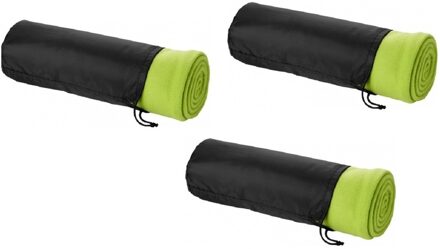 Fleece deken of plaid - 3x - bank/bed - limegroen - 150 x 120 cm - reisdeken met tasje