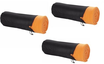 Fleece deken of plaid - 3x - bank/bed - oranje - 150 x 120 cm - reisdeken met tasje