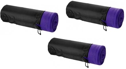 Fleece deken of plaid - 3x - bank/bed - paars - 150 x 120 cm - reisdeken met tasje