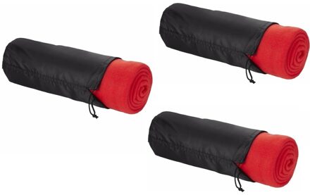 Fleece deken of plaid - 3x - bank/bed - rood - 150 x 120 cm - reisdeken met tasje