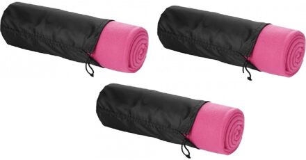 Fleece deken of plaid - 3x - bank/bed - roze - 150 x 120 cm - reisdeken met tasje