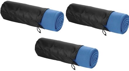 Fleece deken of plaid - 3x - bank/bed - zee blauw - 150 x 120 cm - reisdeken met tasje