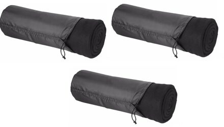 Fleece deken of plaid - 3x - bank/bed - zwart - 150 x 120 cm - reisdeken met tasje