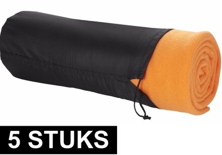 Fleece deken of plaid - 5x - bank/bed - oranje - 150 x 120 cm - reisdeken met tasje