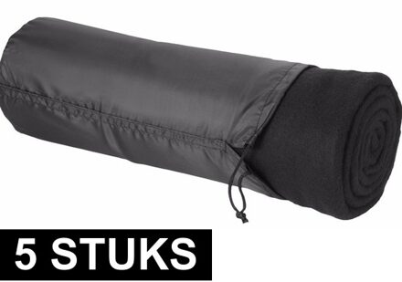 Fleece deken of plaid - 5x - bank/bed - zwart - 150 x 120 cm - reisdeken met tasje