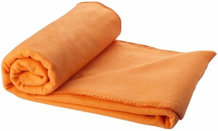 Fleece deken of plaid - bank/bed - oranje - 150 x 120 cm - reisdeken met tasje