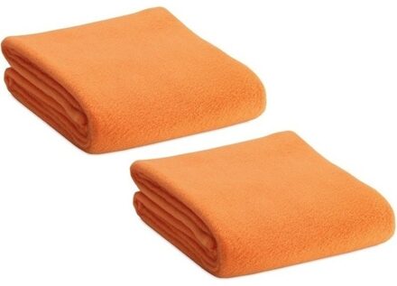 Fleece deken/plaid - 2x - oranje - 120 x 150 cm - Polyester fleece - 180 gram - lekker warm kleedje