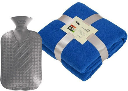 Fleece deken/plaid - blauw - 130 x 170 cm - kruik - 2 liter - Plaids Grijs