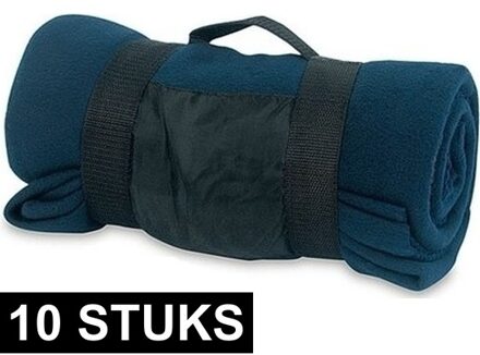 Fleece deken/plaid met afneembaar handvat - 10x - donkerblauw - 160 x 130 cm - warme bank dekentje