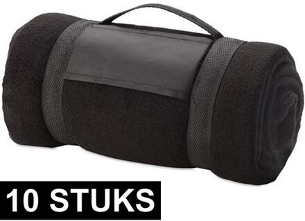 Fleece deken/plaid met afneembaar handvat - 10x - zwart - 160 x 130 cm - warme bank dekentje