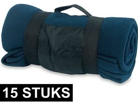 Fleece deken/plaid met afneembaar handvat - 15x - donkerblauw - 160 x 130 cm - warme bank dekentje