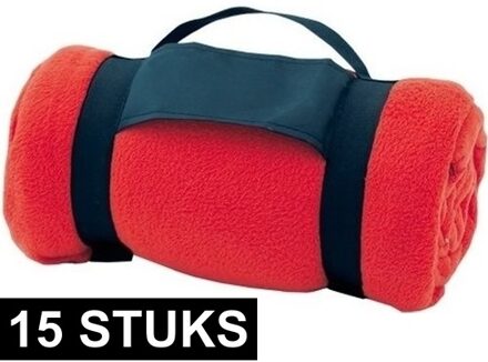 Fleece deken/plaid met afneembaar handvat - 15x - rood - 160 x 130 cm - warme bank dekentje