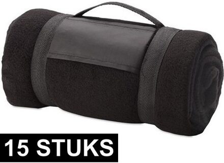 Fleece deken/plaid met afneembaar handvat - 15x - zwart - 160 x 130 cm - warme bank dekentje