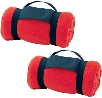Fleece deken/plaid met afneembaar handvat - 2x - rood - 160 x 130 cm - warme bank dekentje
