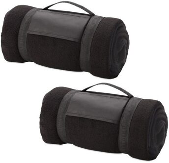 Fleece deken/plaid met afneembaar handvat - 2x - zwart - 160 x 130 cm - warme bank dekentje