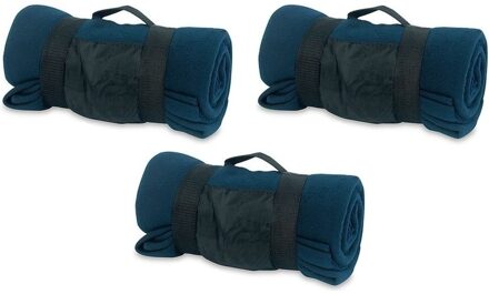 Fleece deken/plaid met afneembaar handvat - 3x - donkerblauw - 160 x 130 cm - warme bank dekentje