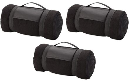 Fleece deken/plaid met afneembaar handvat - 3x - zwart - 160 x 130 cm - warme bank dekentje