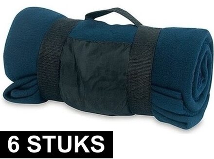 Fleece deken/plaid met afneembaar handvat - 6x - donkerblauw - 160 x 130 cm - warme bank dekentje
