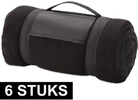 Fleece deken/plaid met afneembaar handvat - 6x - zwart - 160 x 130 cm - warme bank dekentje