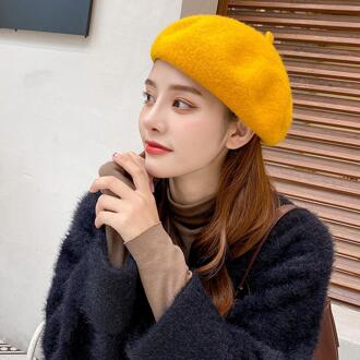 Fleece Winter Warm Hoofddeksels Beanie Cap Kunstenaar Warme Wollen Winter Beanie Hat Vrouwen Mannen Britse Stijl Baret Hoed Vintage geel