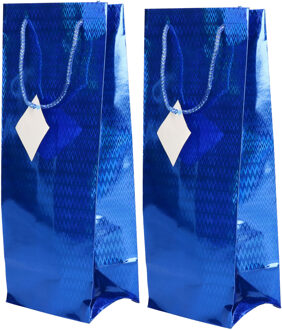Flessen kado verpakking - 2x - metallic blauw - 33 x 10 cm - Wijnfles/champagne fles inpakken