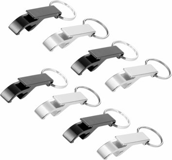 Flessen openers met sleutelhanger - 10x stuks - zilver en zwart - 6 cm - combi set