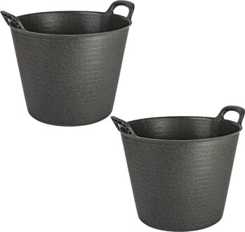 Flexibele emmer/kuip - 2x stuks - zwart - 42 liter - ECO kunststof - rond - 38 x 45 cm