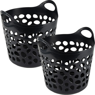 Flexibele wasmand/opbergmand - 2x - rond - zwart - 30 liter - D40 x H39 cm