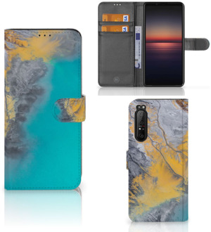 Flip Case Sony Xperia 1 II Hoesje Marble Blue Gold