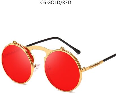 Flip Up Steampunk Zonnebril Mannen Retro Metalen Frame Ronde Zonnebril Vrouwen Mannen Punk Stijl Sunglass UV400 goud rood